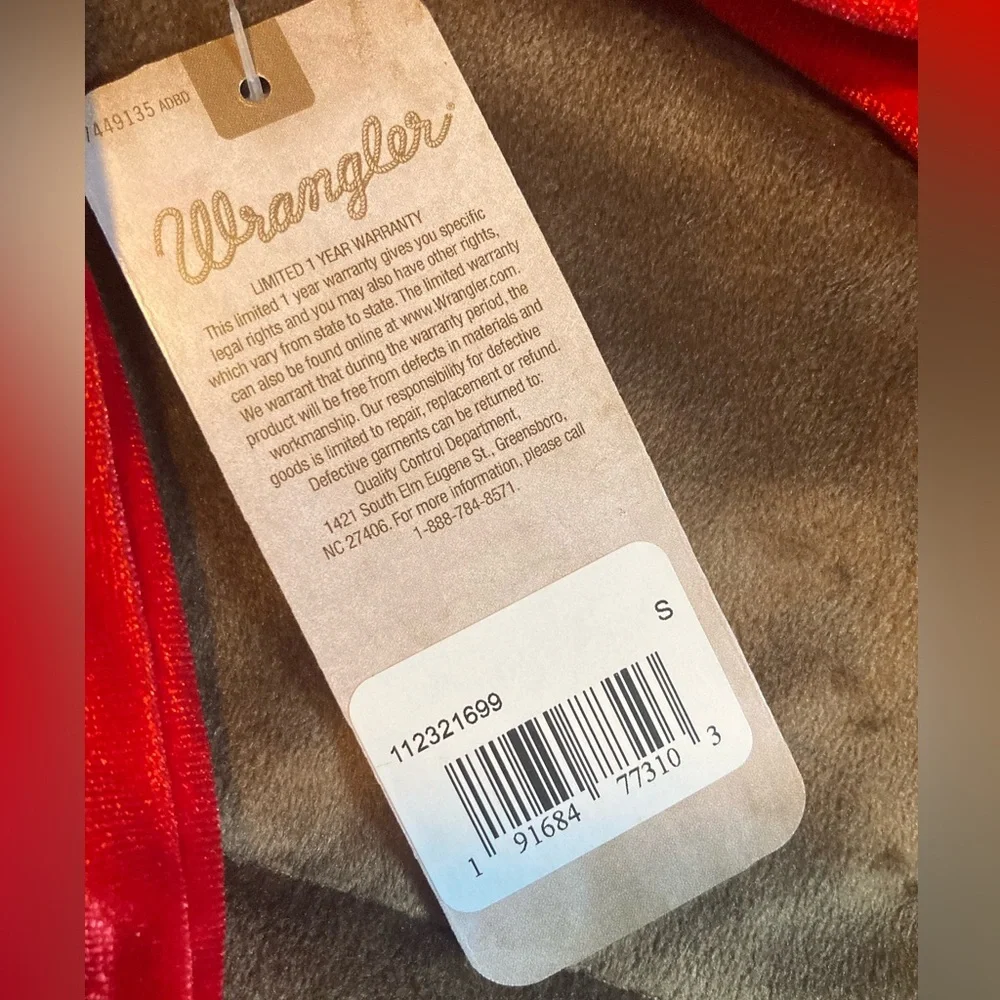 Wrangler brand, kids size small, beautiful red and gold, new with tags, top